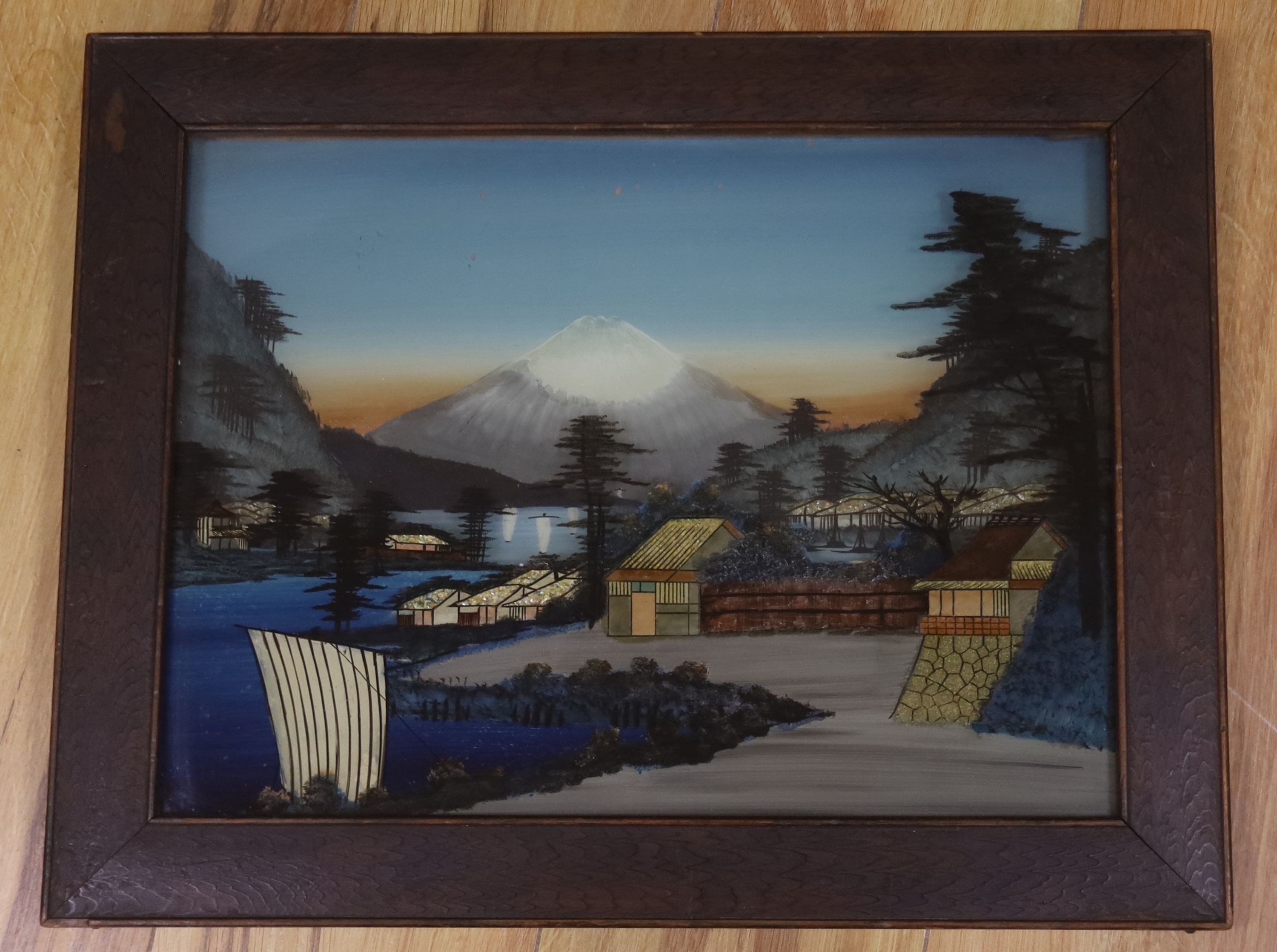 A Japanese reverse painted glass picture of Mount Fuji, framed 29x39cm excl frame